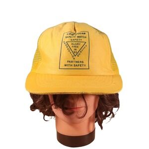 Vintage Goodyear Safety Watch Trucker Hat Yellow Snapback Injury Free 1983 Cap